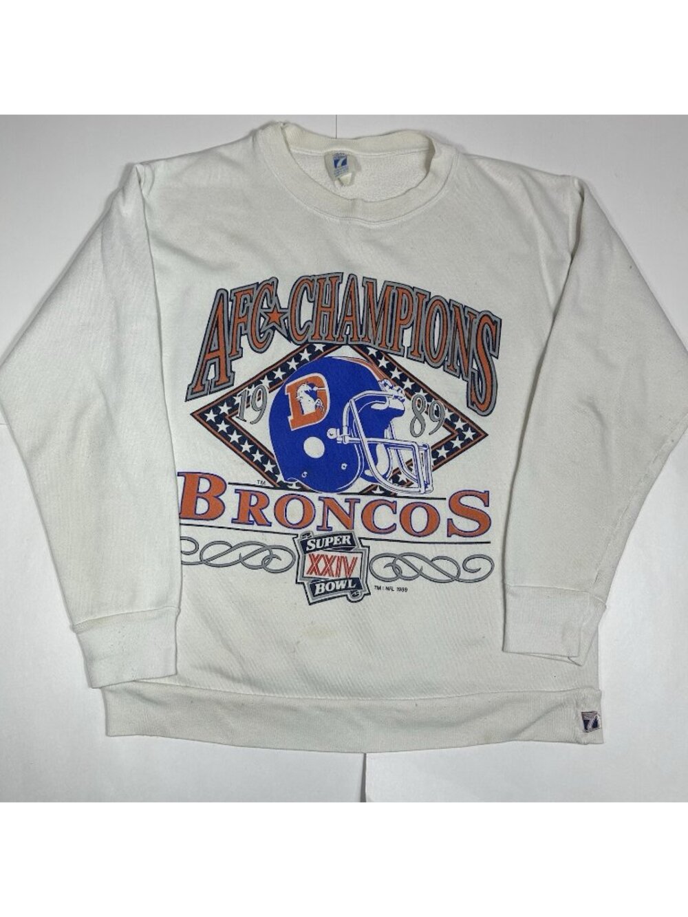 Vtg 1989 Denver Broncos Sweatshirt Men AFC Champions Super Bowl XXIV Sz M Flawed